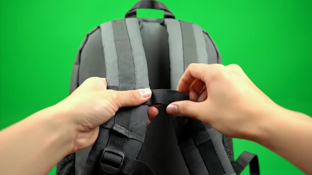 Adjusting Backpack Straps on Green Screen for Custom Design Integration and Marketing Use Showing