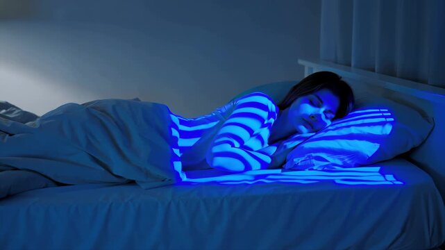 Woman sleeping on side in dark bedroom with glowing spine illustration, concept of body posture, pain relief, orthopedic support and healthy restorative sleep