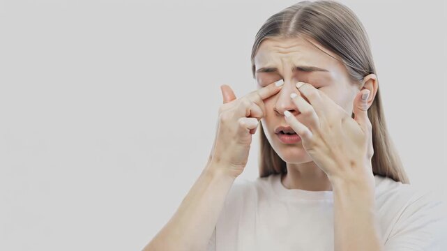Young woman rubbing eyes with discomfort on neutral background, allergy reaction, eye irritation and fatigue concept, sinus pressure and seasonal pollen sensitivity