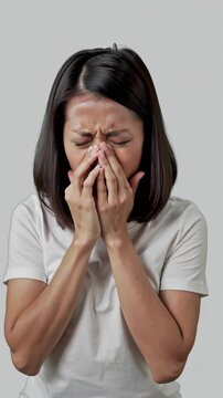 Young woman sneezing into her hands, isolated on light background. Concept of seasonal allergy, cold symptoms, virus infection and respiratory illness