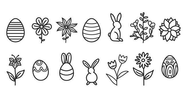 Easter vector icon set including black and white outline eggs, bunnies and spring flowers, simple line art suitable for kids coloring book page and DIY craft project
