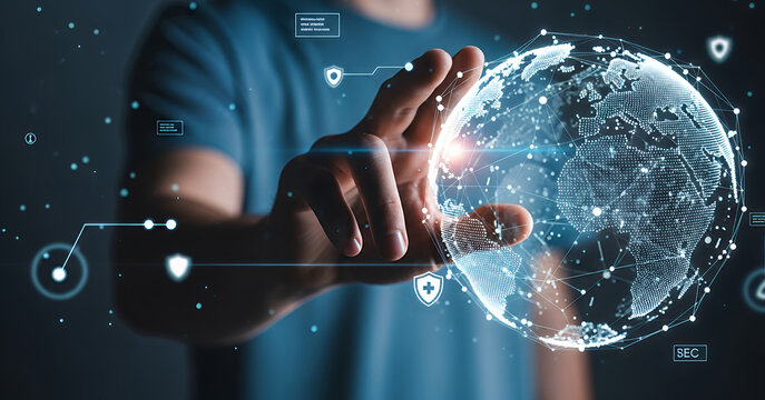 Holographic world with encrypted network connections by human hand, representing online privacy and secure communication. Suitable for cyber security campaigns and technology consulting websites.