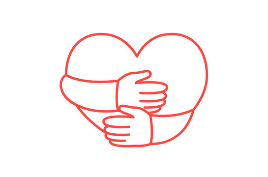 Neon heart with thumbs up gesture in red color on white background