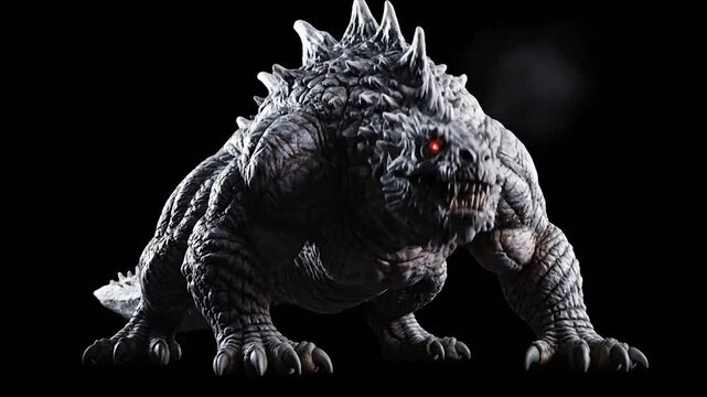 A menacing, reptilian creature with sharp spines, glowing eyes, and textured skin, isolated on black