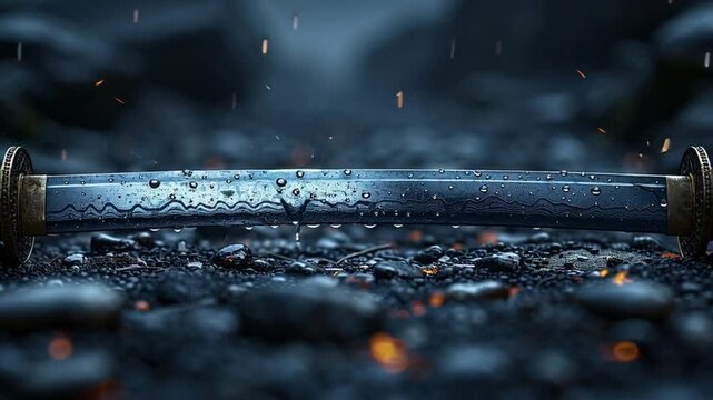 Barbell on wet floor in rainy gym.