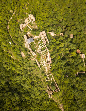 Aerial fly over view Ujarma Fortress. Ancient Hilltop Royal Citadel and Strategic Stronghold of the Iberian Kings in Kakheti, Georgia. Sightseeing destination in Kakheti wine region