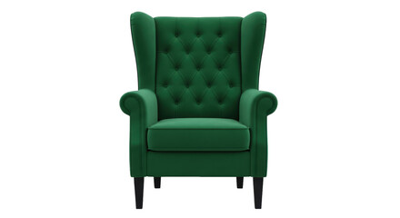 Fototapeta premium Elegant emerald green armchair isolated PNG, luxurious velvet wingback chair for living room or bedroom furniture design