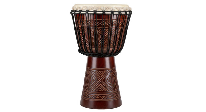 Brown wooden djembe drum isolated PNG, traditional African percussion instrument with intricate carvings for music and cultural events