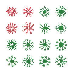 Green and red virus or bacteria on white background