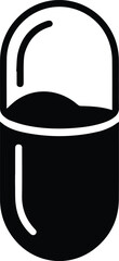 Black and white icon of a pill with a curved top and solid bottom capsule medicine