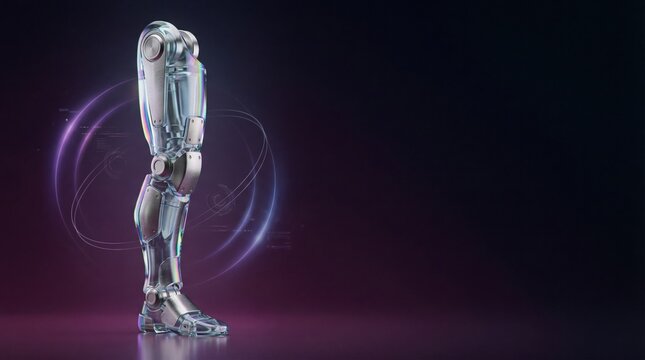 3d render of a robotic leg with neon purple energy rings in a dark studio, futuristic cybernetic limb