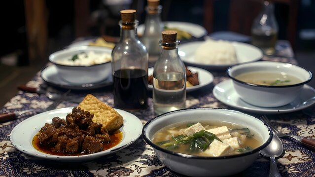 Traditional Indonesian Home-Cooked Dinner with Tofu Soup and Braised Tempeh