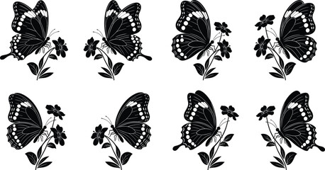 Butterfly silhouette collection with floral elements, decorative insect illustration set, nature inspired design, elegant black isolated vector, botanical graphic composition © Mst