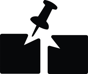 Black icon of a thumbtack piercing a broken paper or document pushpin stationery