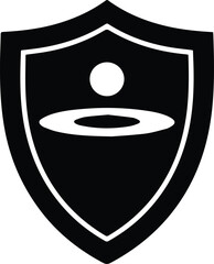 Black shield emblem with abstract human figure and circle crest protection