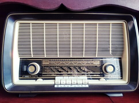 Vintage Blaupunkt Retro Radio Receiver with Classic Analog Dial &ndash; Editorial Wood Texture Photo