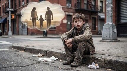Immigrant boy dreaming of parents on a busy american city street