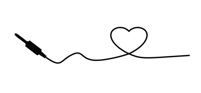 Audio plug wire and love heart icon. Audiojack, for 14 february, valentine, valentines day. Audio cable with jack socket. Microphone plug or microphone jack explanation. Jack plug. Audio Cable.