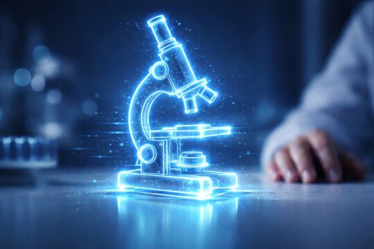Glowing holographic microscope on laboratory desk showing scientific research and discovery