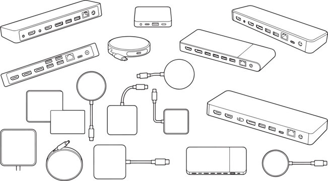 A variety of sleek, minimalist, electronic devices and hubs, carefully arranged and ready for use. Showing clean lines and precise functionality, ideal for technology and design concepts.
