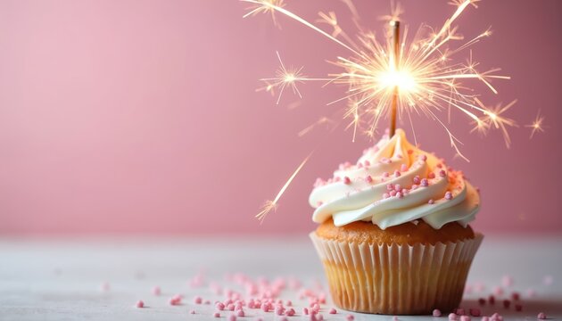 Single cupcake with white frosting and pink sprinkles glows with a lit sparkler. Festive treat sits on white table with pink sugar bits scattered around. Soft pink backdrop.