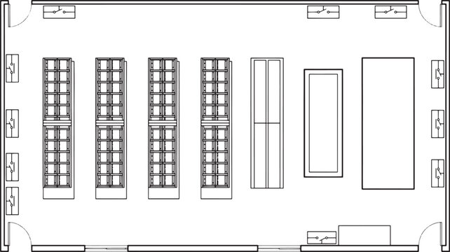 Top-down perspective of an empty retail space, with detailed architectural plans revealing the layout and design of shelving and product arrangement.