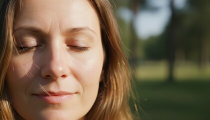 Fototapeta premium A young woman stands outdoors with closed eyes and a serene smile, feeling the gentle warmth of the golden hour sun on her skin. Her face is illuminated by soft light, with a blurred green park 