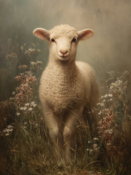 Vintage Easter Lamb in a Moody Wildflower Meadow Print
