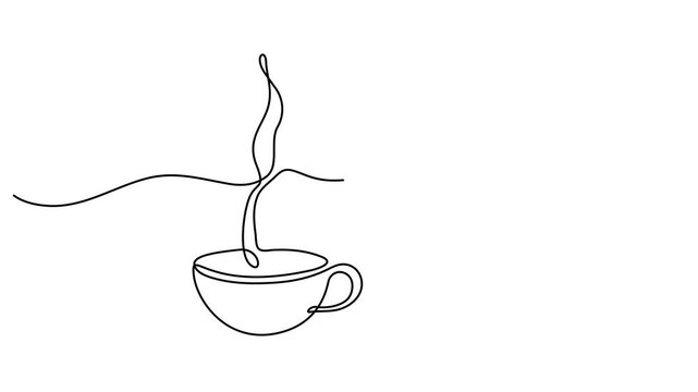 Continuous one line drawing teapot pouring tea cup animation video. Elegant continuous line drawing of a teapot pouring tea into a cup and saucer. Full length single line art 4K animation