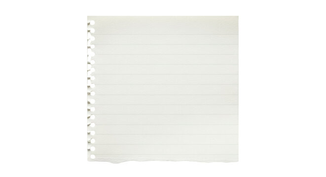 Lined paper sheet PNG isolated on transparent background, torn notebook page for notes and reminders, stationery element