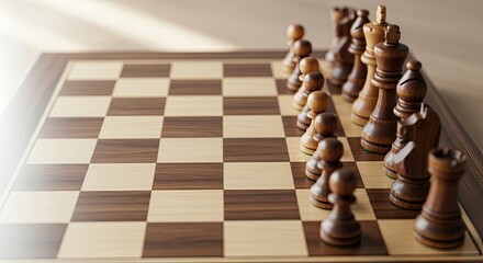 A wooden chess board with chess pieces on it.