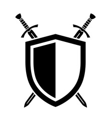 classic medieval european twin crossed swords with shield armor heraldry black silhouette symbol vector isolated on transparent background