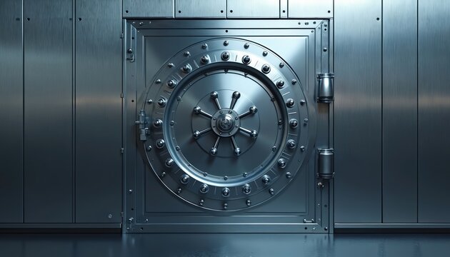 Heavy steel vault door with circular wheel mechanism. This secure bank stronghold protects valuables with its strong metal, locking system. Safe repository for cash.