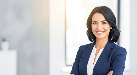 Fototapeta premium A confident businesswoman in a professional suit standing in an office with her arms crossed.