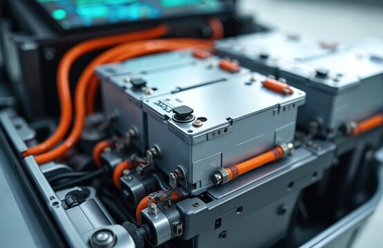 Electric car lithium battery pack modules are connected by orange high voltage cables. Modern energy storage system components for clean auto industry future.