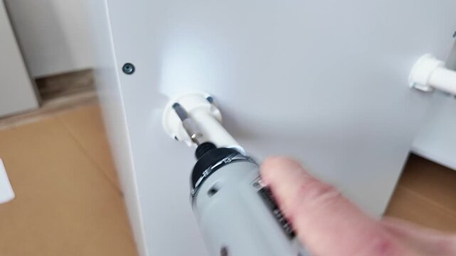 Closeup Finishing Screw Fastening Caucasian Installer Performing Quality Check With Electric Driver, White Connector Sleeve Seated, Steady Hand, Final Inspection Of Fit And Finish