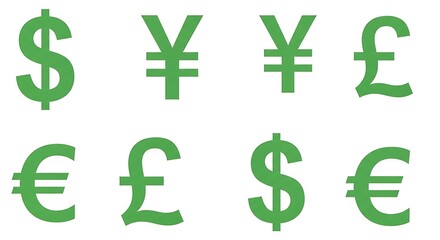 Obraz premium Diverse currency symbols arranged in a grid with a white background.