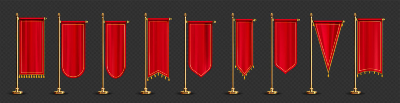 Red Banner Overlay Collection with 10 Decorative Vertical Designs on Gold Poles Featuring Straight, Rounded, Pointed, and Fringed Ends on Transparent Background
