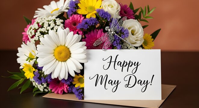 Vibrant may day bouquet with colorful flowers and greeting card