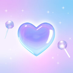 Glossy 3D holographic heart and lollipops on purple gradient background