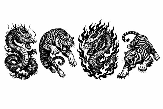 Black & White Traditional Dragon and Tiger Tattoo Set. Engraving Style Illustrations of Roaring Mythical Beasts with Flames and Clouds.