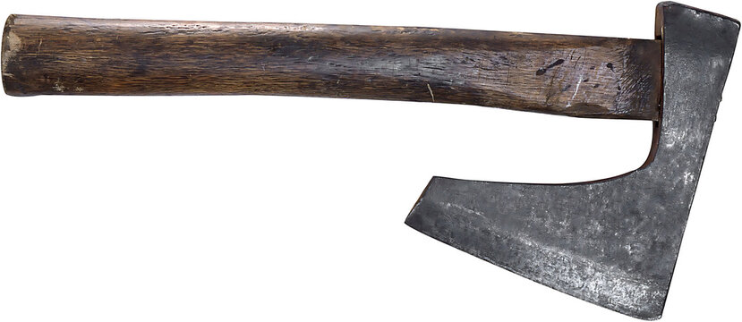 Old rusty axe with metal blade and wooden handle isolated on white background