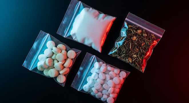 Various illicit substances packaged in sealed plastic bags on a dark surface, viewed from above.