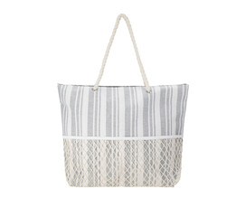 Obraz premium Woven tote bag with white and gray striped pattern and natural fiber handles isolated on transparent background