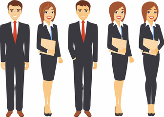 Fototapeta premium Five business professionals standing in a row illustrated in a cartoon style