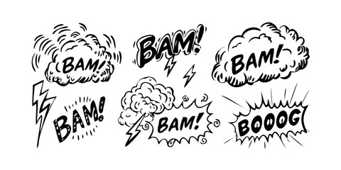A dynamic illustration of various comic book sound effect words in bold, stylized fonts. Vector © MST RABEYA BEGUM