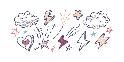 A whimsical illustration of hearts, stars, and clouds with a soft pastel color palette Vector