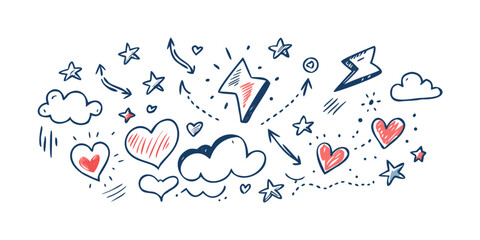 A whimsical illustration of various weather symbols and hearts floating in the sky Vector