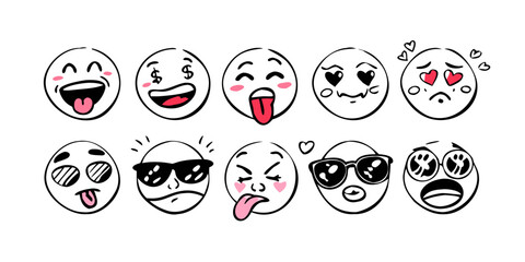A collection of diverse emoji faces expressing a range of emotions and reactions Vector