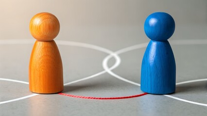 Obraz premium Orange and Blue Wooden Figurines with Red String Connection – Relationship, Communication, Networking, Interaction, Boundaries, Psychology, Connection, Dynamics